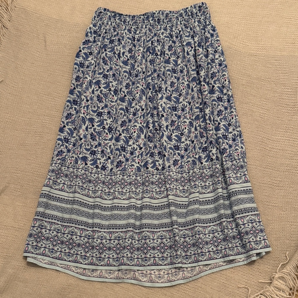 J.Jill Blue Floral Midi Skirt Petite Small Smocked Waist Boho - Picture 1 of 3